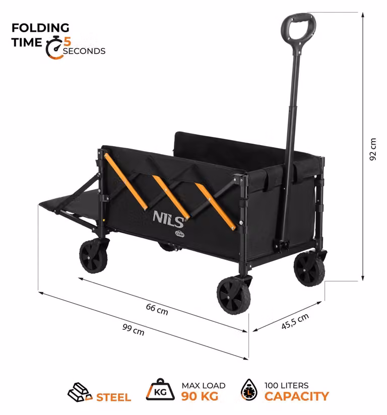 Carrello da campeggio pieghevole, 100 litri, portata 90 kg, nero-arancione