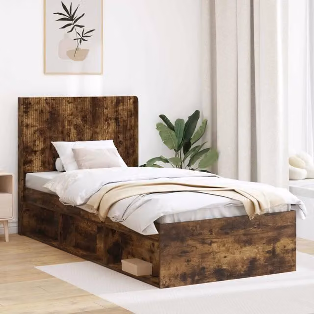 Letto con contenitore e testata vidaXL in legno Rovere Fumo, L: 140 cm, P: 203 cm, H: 97 cm – 1
