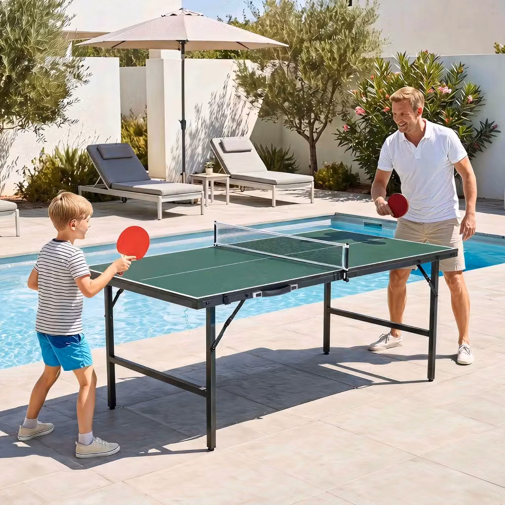 Tavolo da ping pong pieghevole verde con struttura in acciaio e piano in MDF laminato, L: 152,5 cm, P: 76 cm – 2