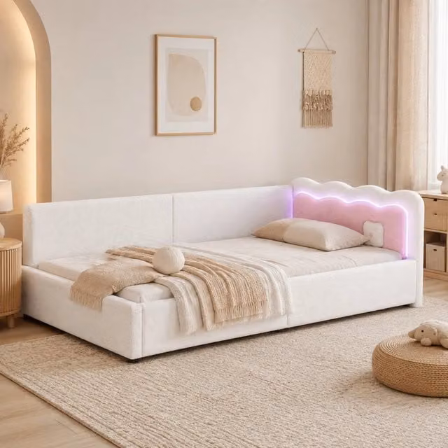Letto singolo daybed 90 × 200 cm con rete a doghe in velluto bianco illuminazione LED regolabile tramite app
