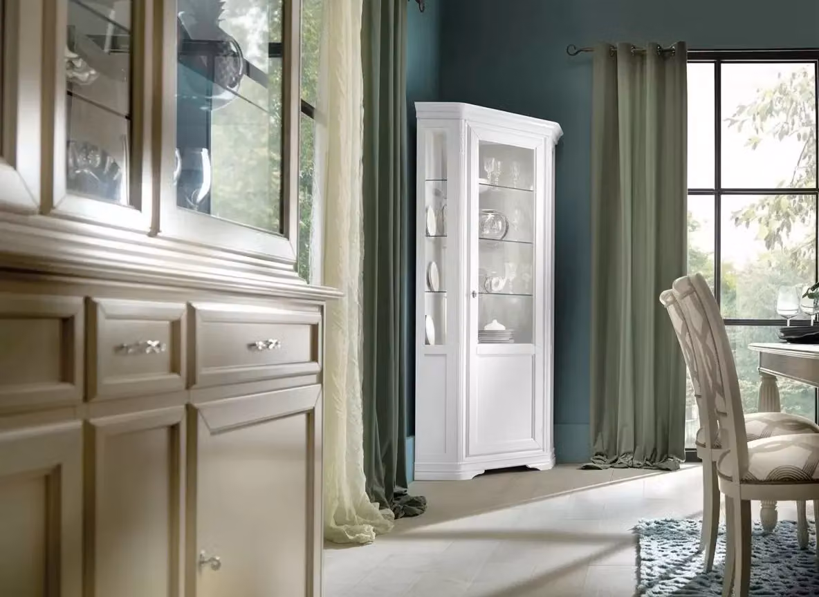 Vetrina angolo shabby chic in legno massello con porta in vetro e ripiani interni, laccata avorio, Mobili 2G, L: 76 cm, P: 76 cm, H: 215 cm – 2