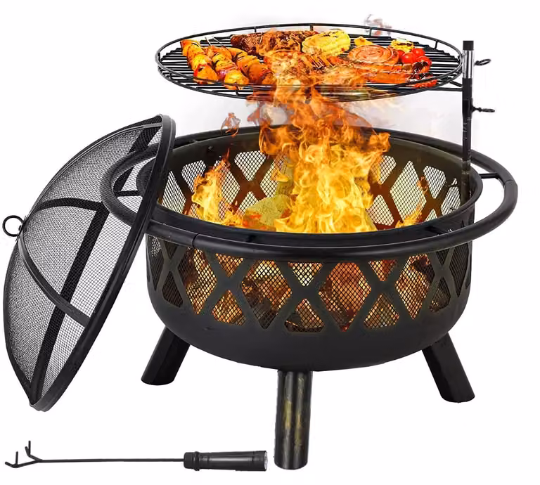 Braciere - Cesto per il fuoco - Multifunzionale - con parascintille - Griglia - Coperchio - Altezza regolabile