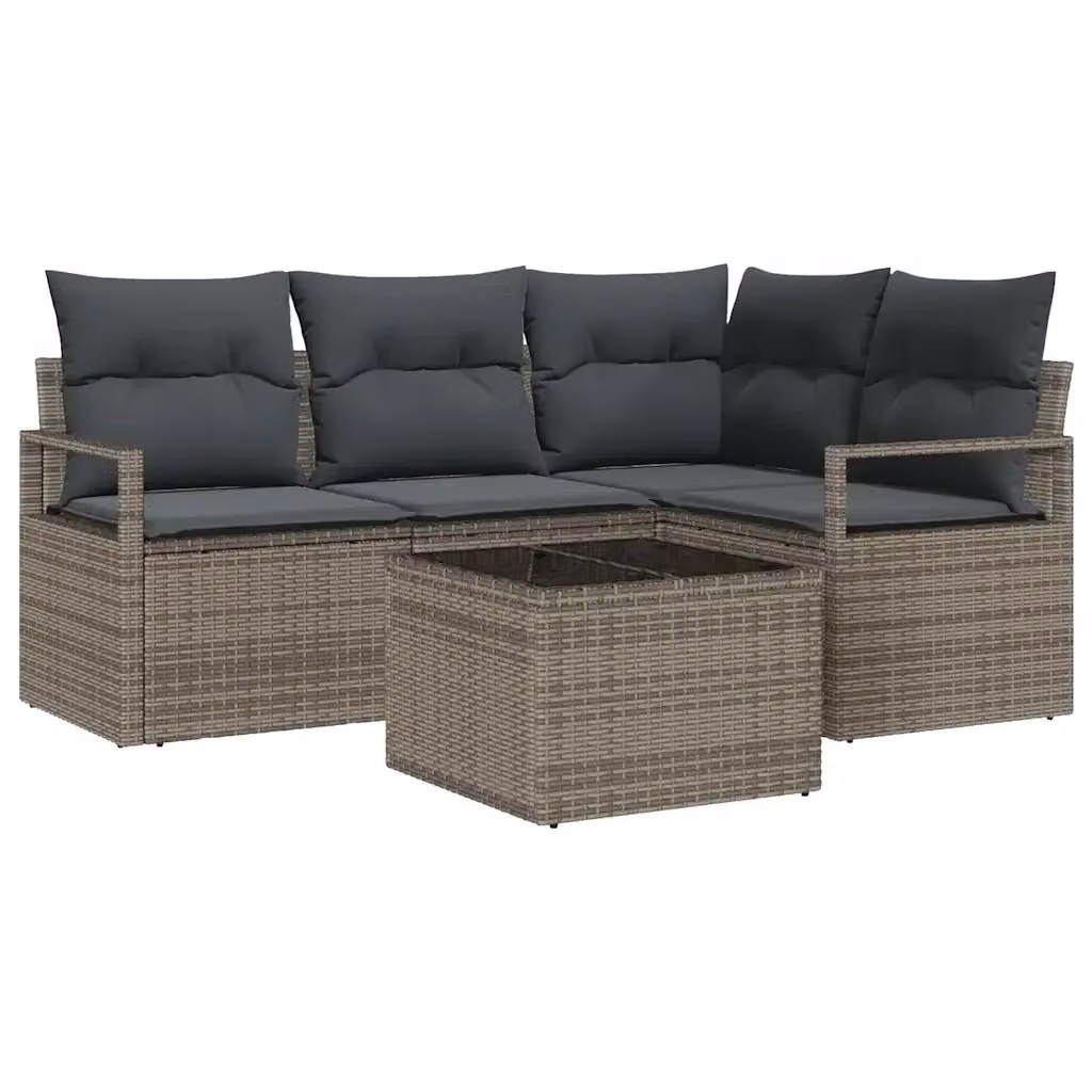 Set di divani da giardino vidaXL a forma di L con tavolo da caffè e cuscini, colore grigio, struttura in metallo e rattan resistente ai raggi UV – 2