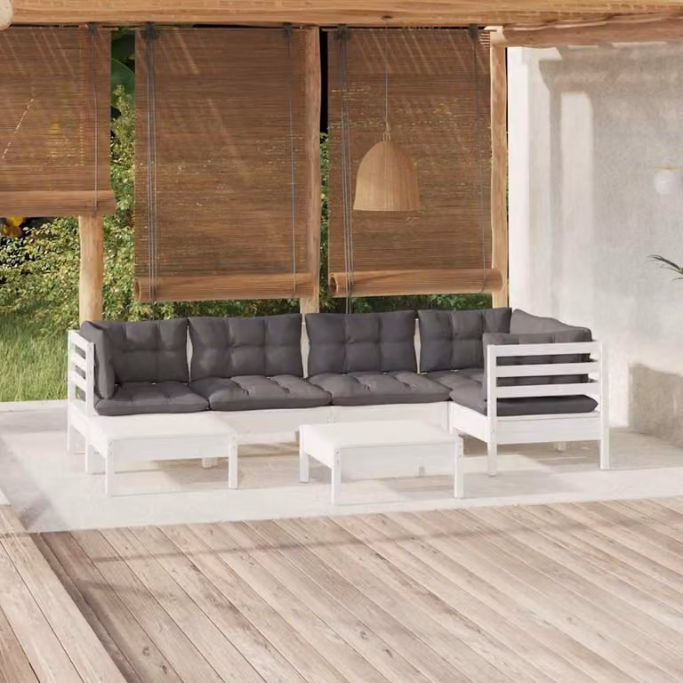 Set di divani da giardino vidaXL 7 pezzi in legno di pino con cuscini bianchi e grigi design moderno a L con elementi angolari e pouf