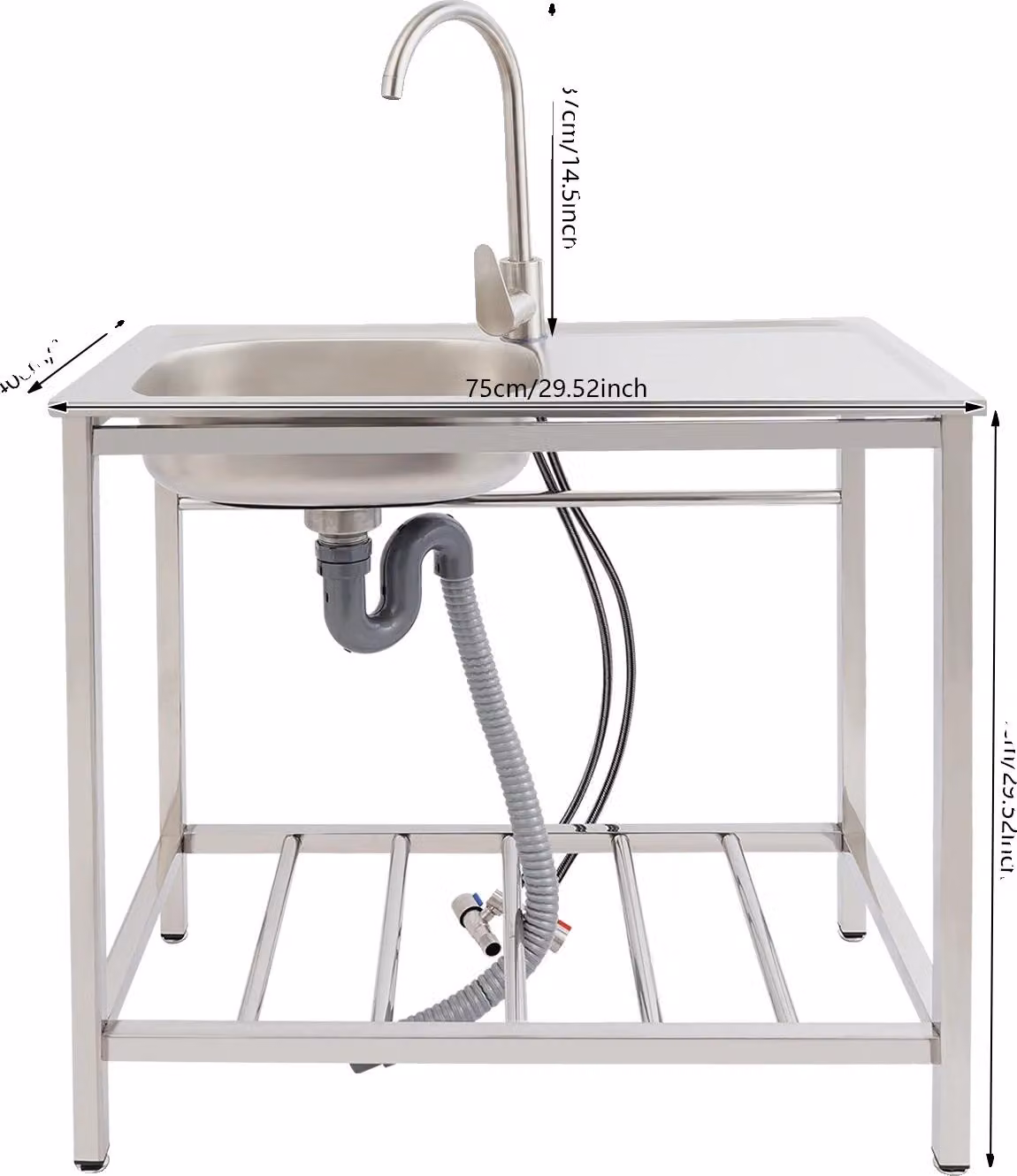 Lavello da cucina, acciaio inossidabile, design autoportante, grigio chiaro