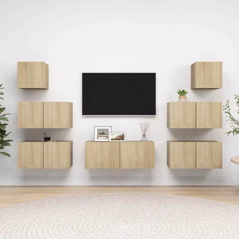 Set di mobili porta TV moderno vidaXL in 7 pezzi color rovere con finitura opaca e legno multistrato per il tuo soggiorno