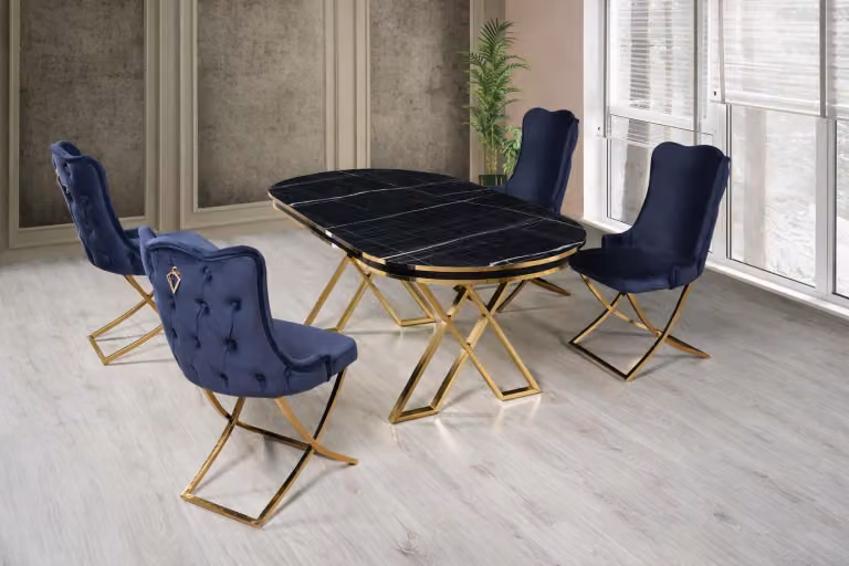 Tavolo con 4 sedie, stile moderno, colore nero, forma ovale, confortevole, materiale: metallo