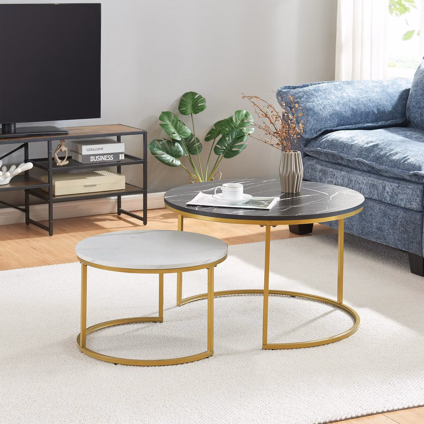 Tavolino 'Christchurch', set di 2, struttura in metallo effetto marmo, nero/bianco/oro