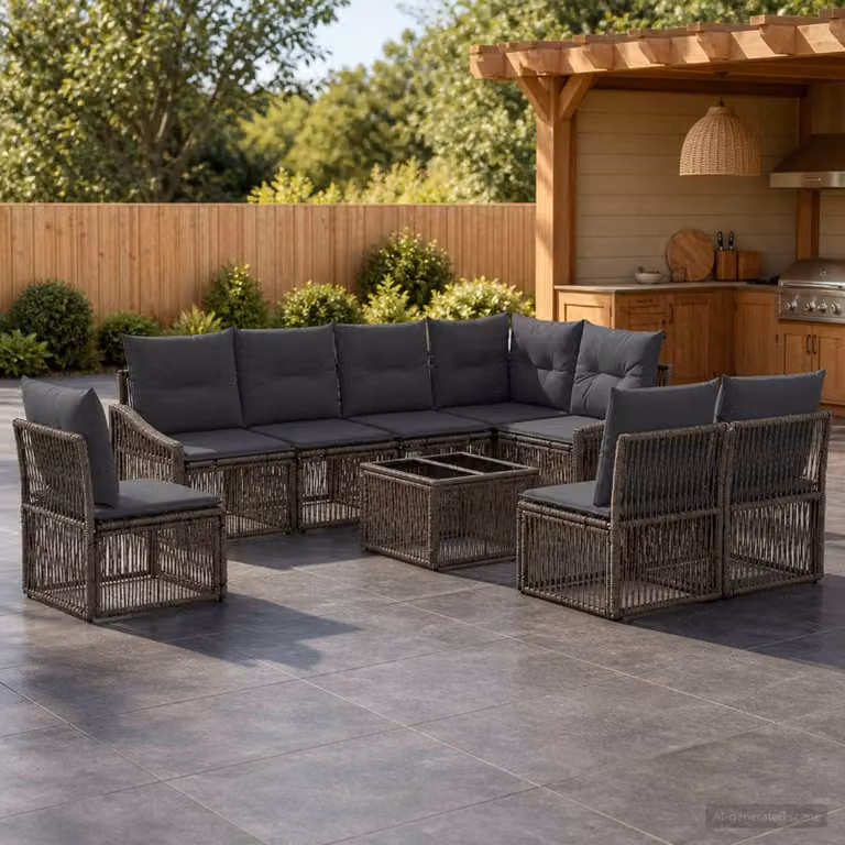 Set Divano da Giardino vidaXL 9 pz Grigio in Polyrattan con Cuscini e Tavolino