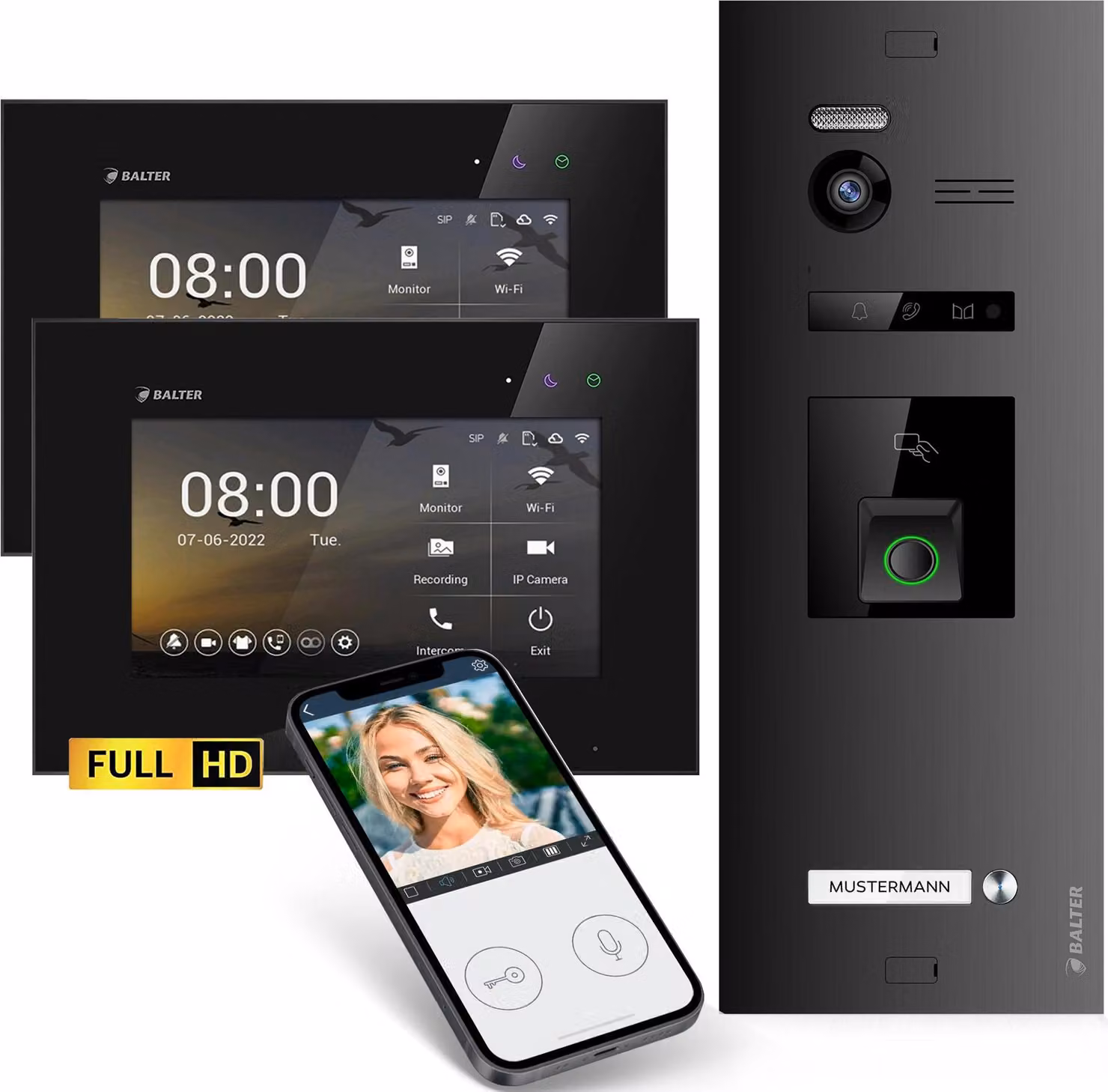 Videocitofono HD con impronta digitale RFID e app per smartphone per una casa monofamiliare, 2x monitor, Balter EVO HD Fingerprint