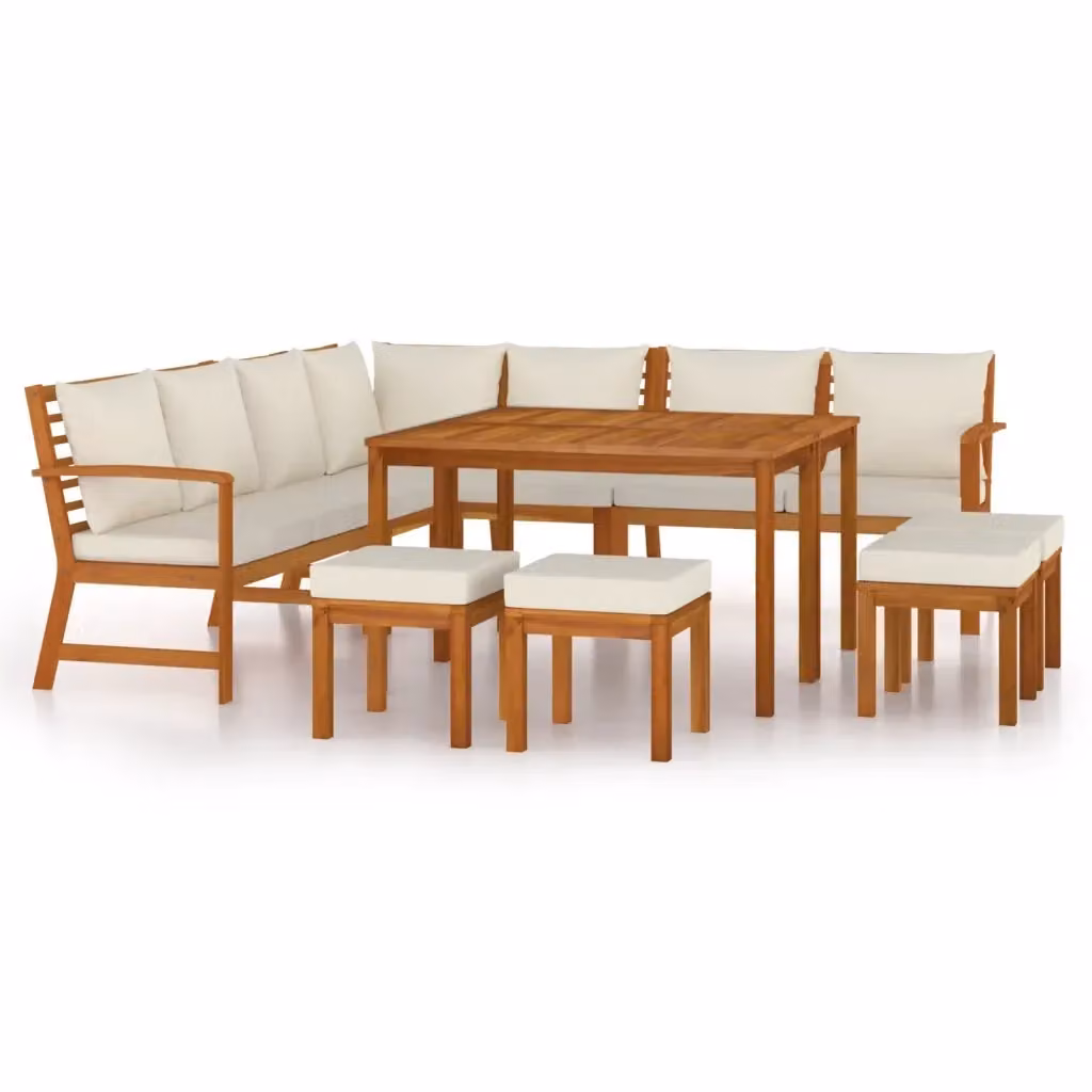 Set da pranzo da giardino vidaXL in legno di acacia oliato con 11 pezzi e cuscini bianchi – 2
