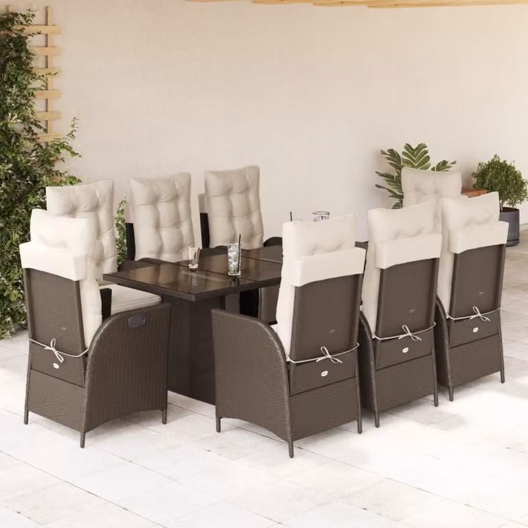 Set da Pranzo da Giardino vidaXL in Polyrattan Marrone con 9 Pezzi e Cuscini Bianchi