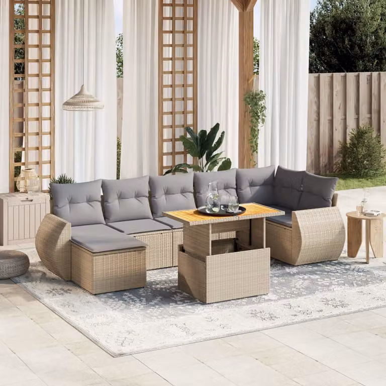 vidaXL Set Divano da Giardino a L 8 pz in Polyrattan con Cuscini Beige e Tavolino da Esterno