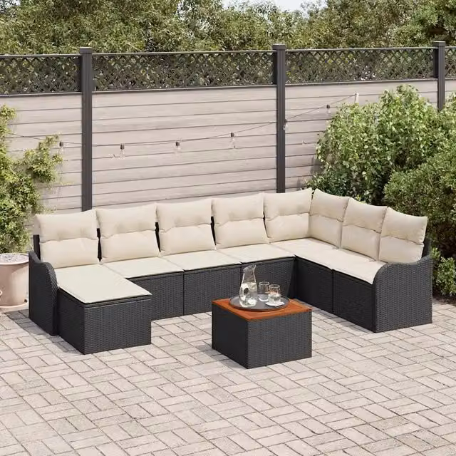 Set Divano da Giardino 9 pz Nero e Crema polyrattan 3356157