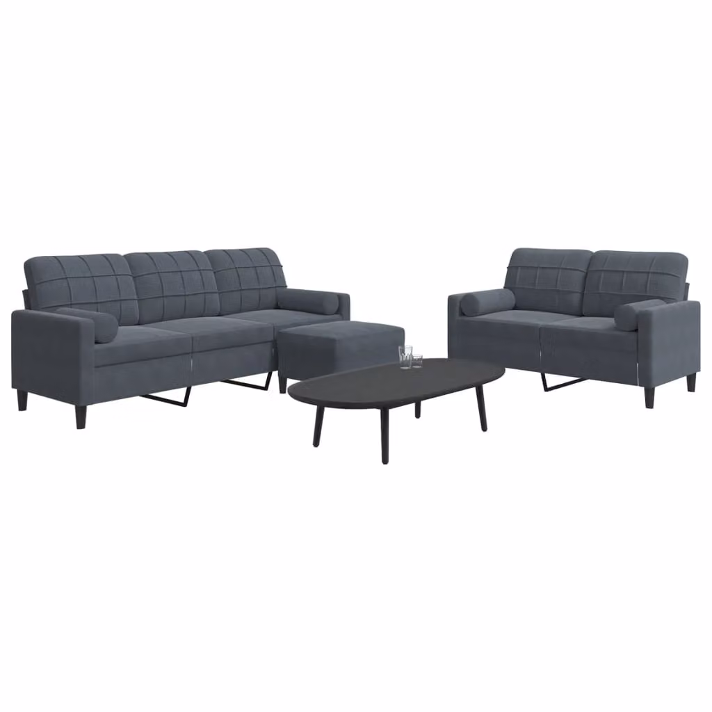 Set di divani vidaXL 3 pezzi in velluto grigio con pouf e cuscini per soggiorno – 1
