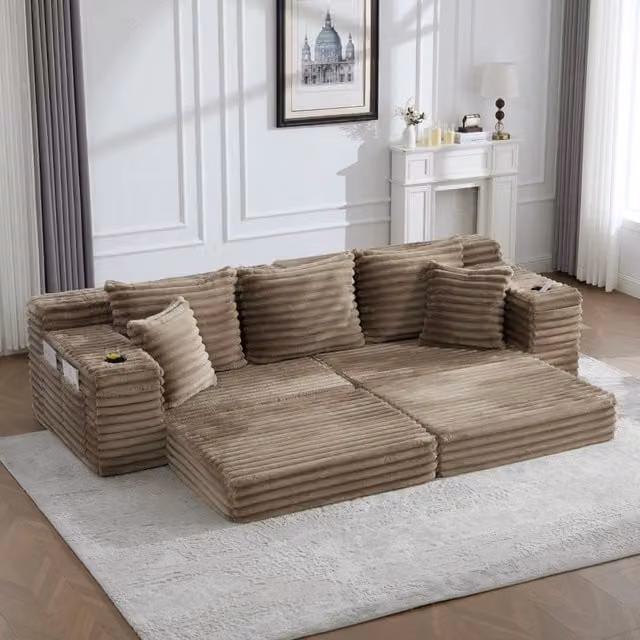 Divano letto componibile in tessuto a coste con schienale alto, cuscini, tasche laterali e portabicchieri, khaki