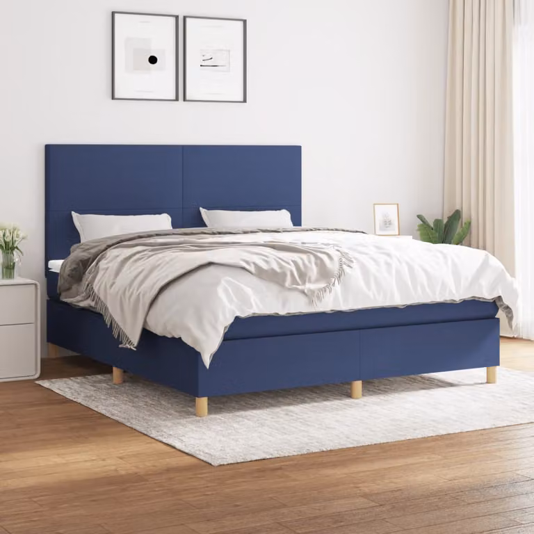 vidaXL Letto Ibrido con Giroletto a Molle e Materasso a Tasche Blu e Bianco L: 160 cm, P: 200 cm, H: 128 cm