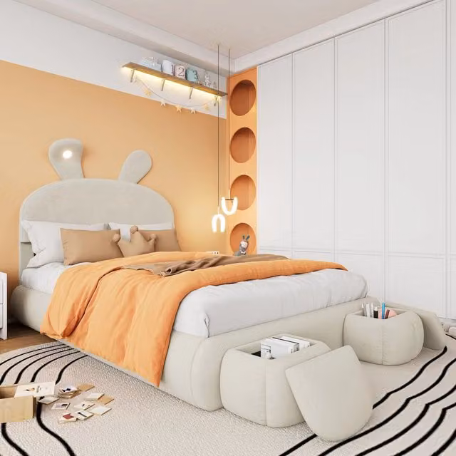 Letto contenitore matrimoniale 140×200 cm con luce LED regolabile e 2 pouf contenitore, senza materasso, velluto beige