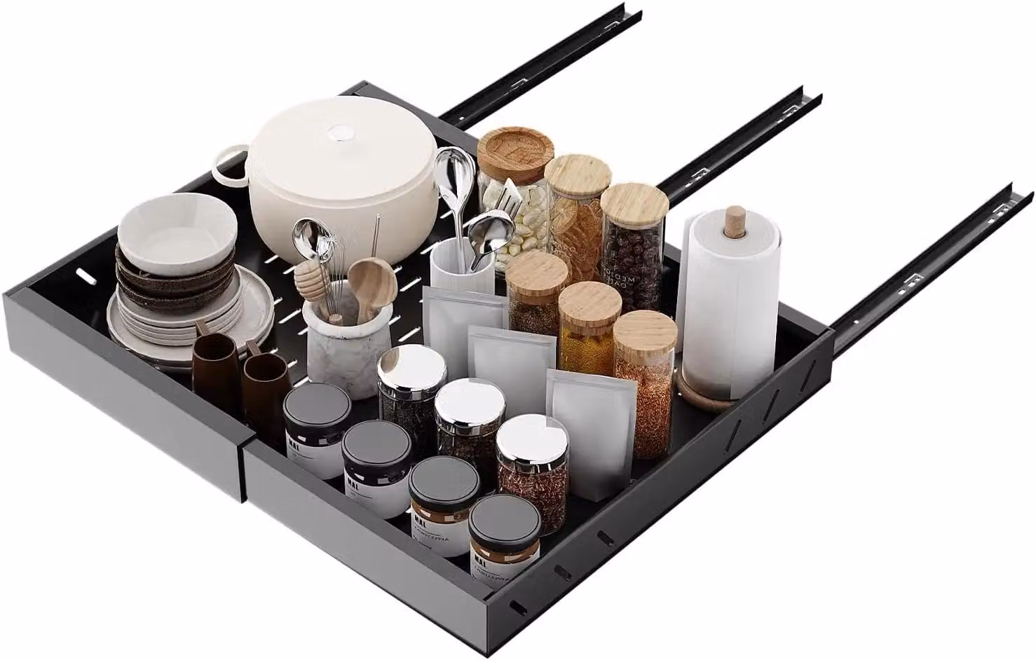 Ripiano estraibile per cassetti della cucina - Contenitore organizzatore estraibile - Acciaio inossidabile - Impermeabile - Adatto per piatti e bottiglie di spezie - 1 pezzo - Nero
