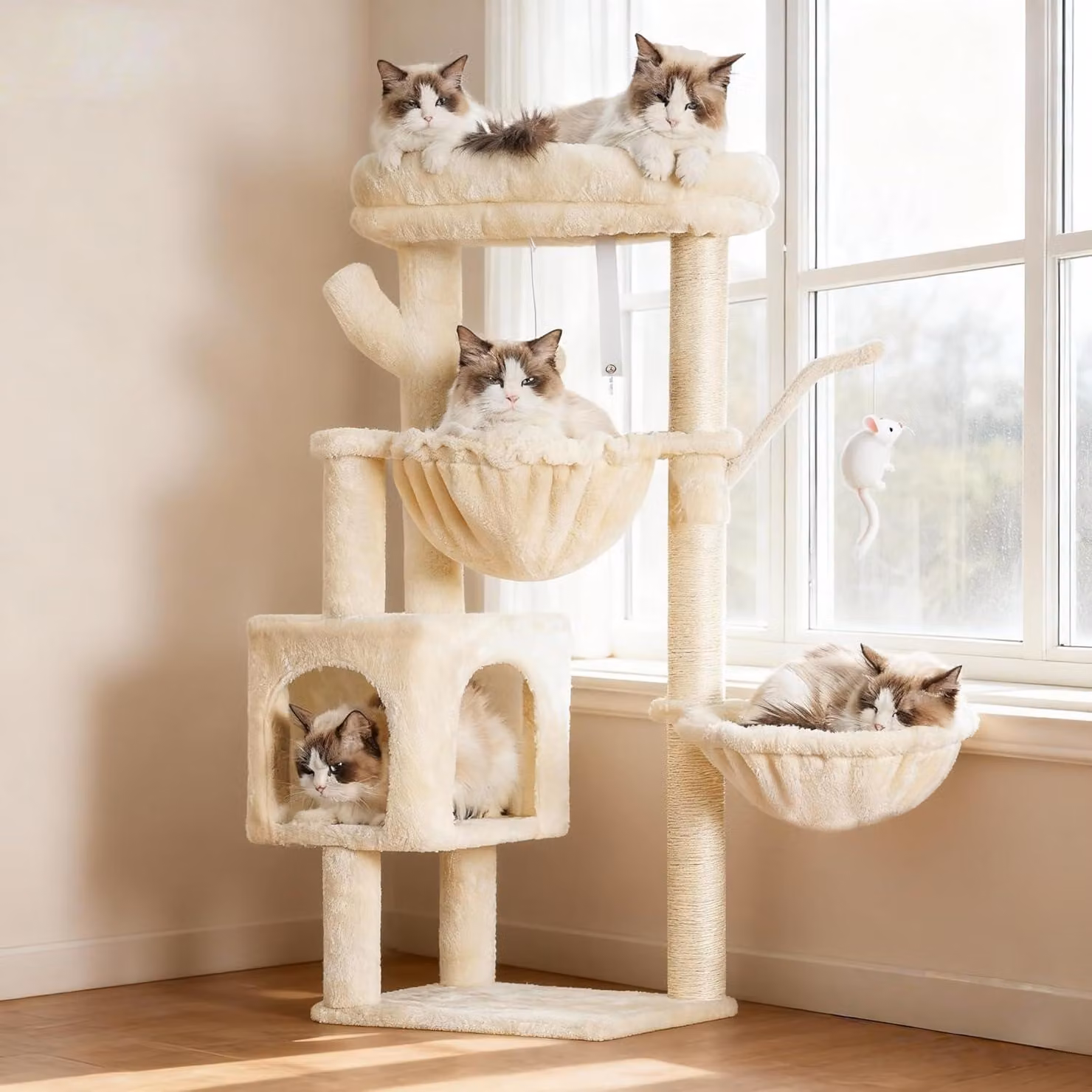 Albero per gatti, 100 cm di altezza, 1 piattaforma, 1 cuccia, 2 amache, giocattoli inclusi, colore grigio antracite, modello HCT006SG, per gatti