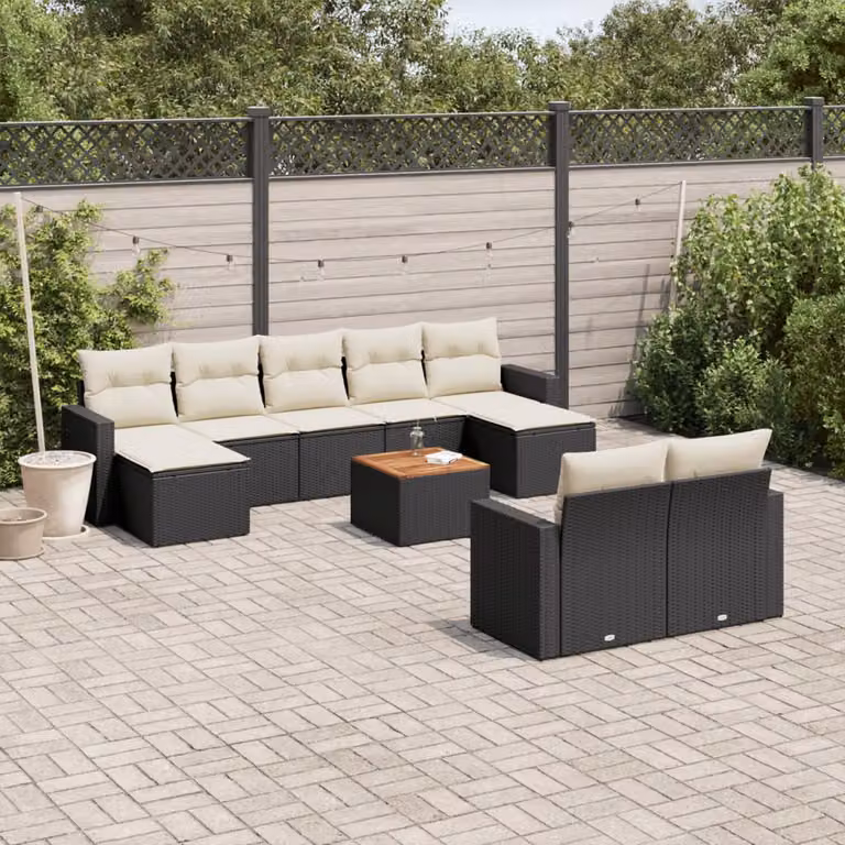 vidaXL Set Divani da Giardino a Forma di U in Polyrattan Nero con Cuscini e Tavolino da Esterno