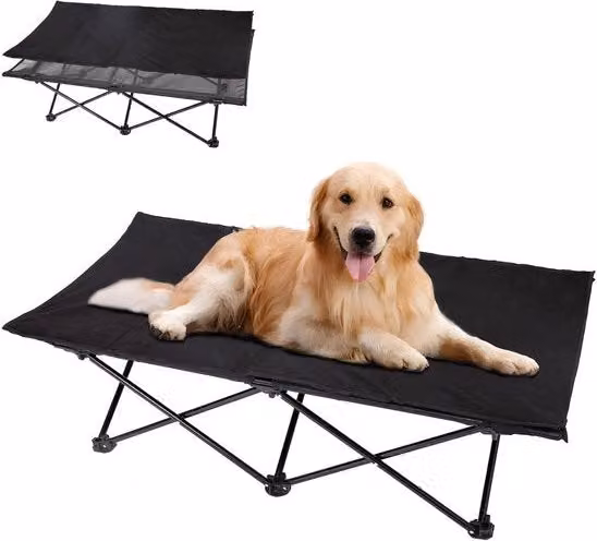 Letto Elevato per Cani KingCamp con Tessuto Mesh e Pelle di Suède, Nero, L: 126 cm, P: 66 cm, H: 33 cm