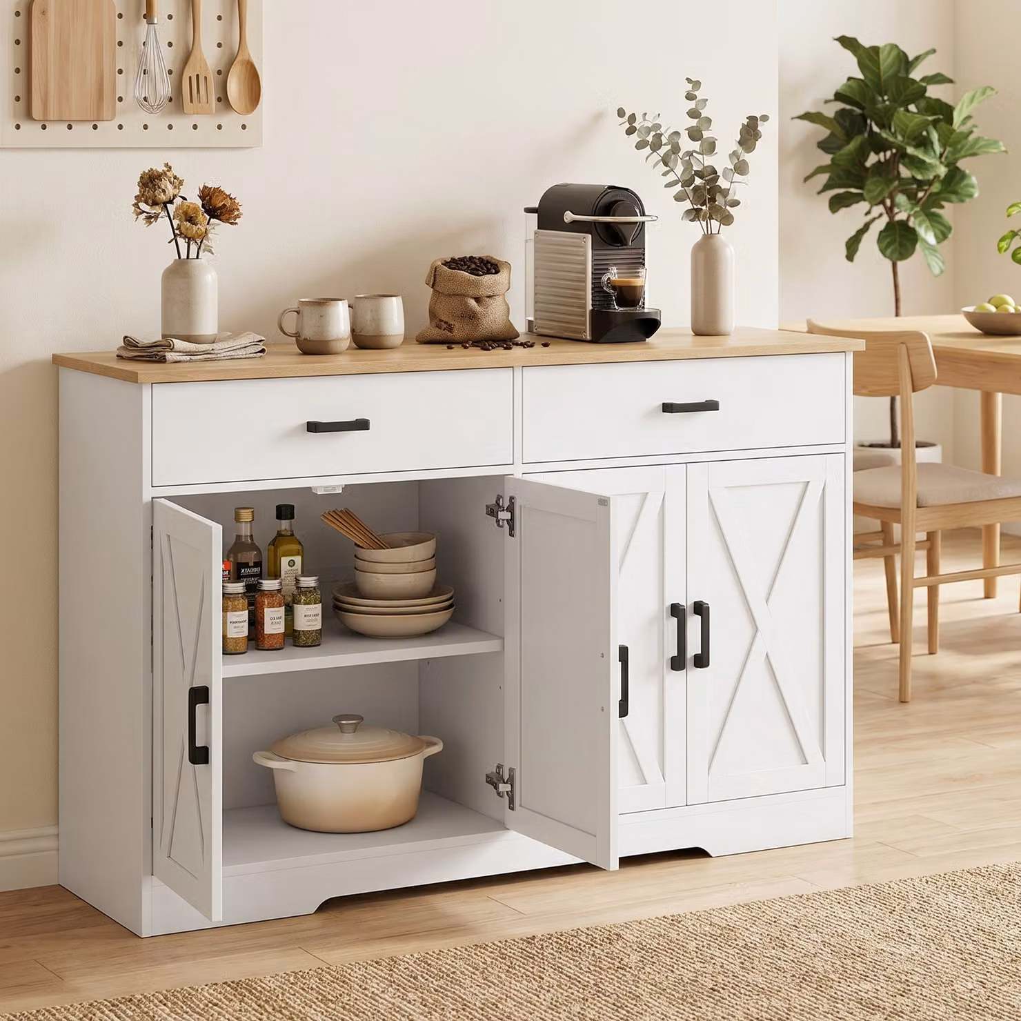 Credenza Buffet HOMCOM in stile Country con 2 cassetti e 2 ante, Bianco, L 140 x P 38,5 x H 81 cm – 2