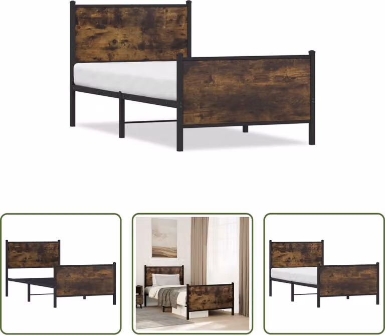The Living Store Struttura letto con testiera e pediera in metallo rovere fumé 90x190 cm