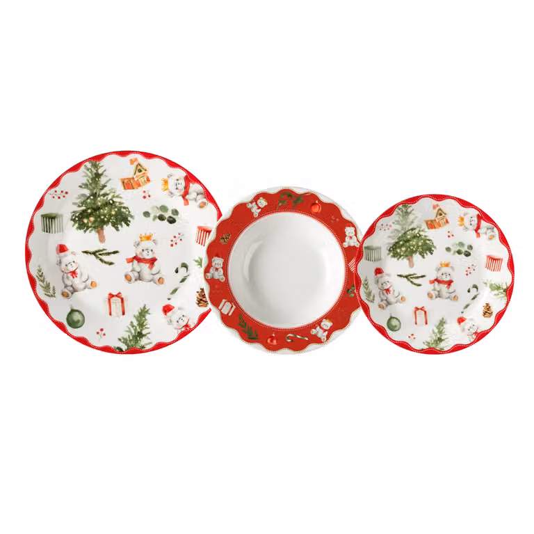 Servizio di piatti natalizio Tree Treasures Vestiamo Casa in porcellana, 12 pezzi, rosso, verde e bianco