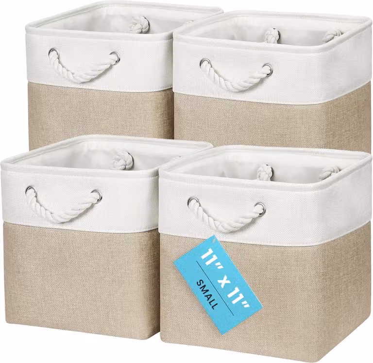 Cesto portaoggetti 28x28 cm, confezione da 4, pieghevole, con maniglie in corda, color beige e bianco, ideale per abbigliamento