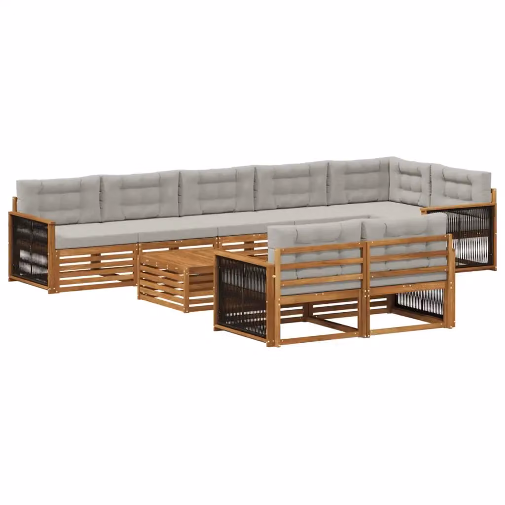 Set di divani da esterno a forma di U vidaXL in legno di acacia con cuscini beige e grigi, 9 pezzi – 2