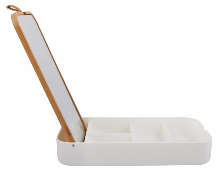 Specchio da trucco con contenitore, in bambù, 23x13x22 cm, bianco e naturale