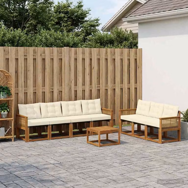 Set di divani da esterno vidaXL 8 pz in legno di acacia con tavolino e cuscini, colore beige e bianco