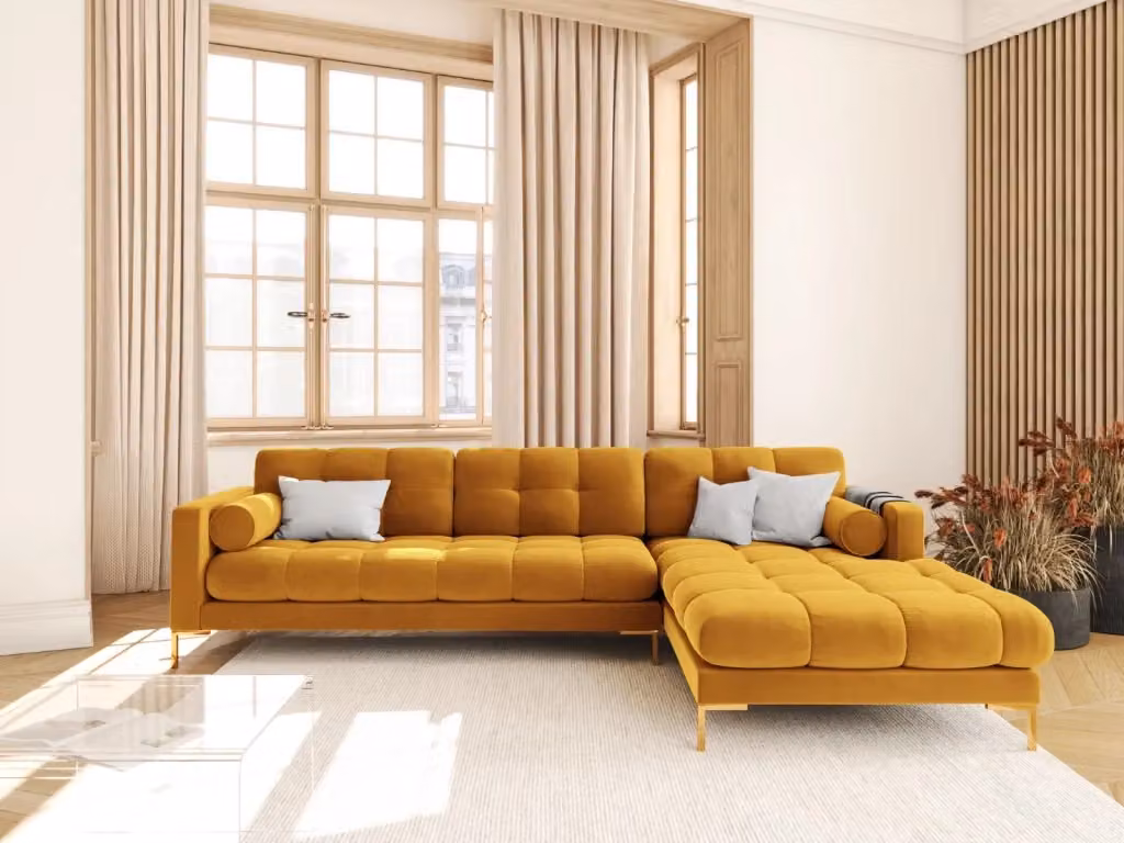 Divano angolare destro Bali di Cosmopolitan Design in velluto giallo a 5 posti – 2