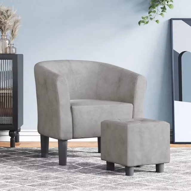 Divano Sedia-Poltrona Cabriolet con Poggiapiedi in Velluto Grigio Chiaro con Design Moderno