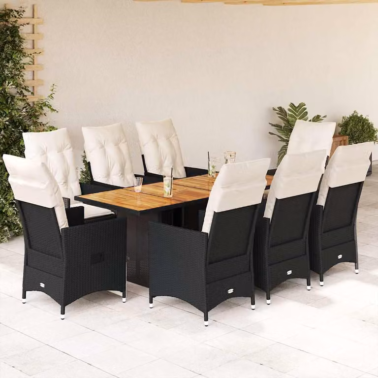 Set da pranzo da giardino vidaXL in polyrattan e legno di acacia con 9 pezzi e cuscini nero e bianco