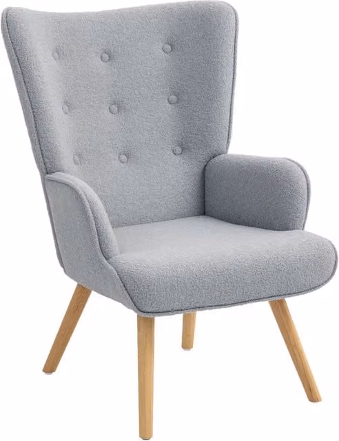 Poltrona da salotto imbottita in tessuto bouclé grigio chiaro con gambe in legno, 71 x 74 x 96 cm, design moderno per soggiorno