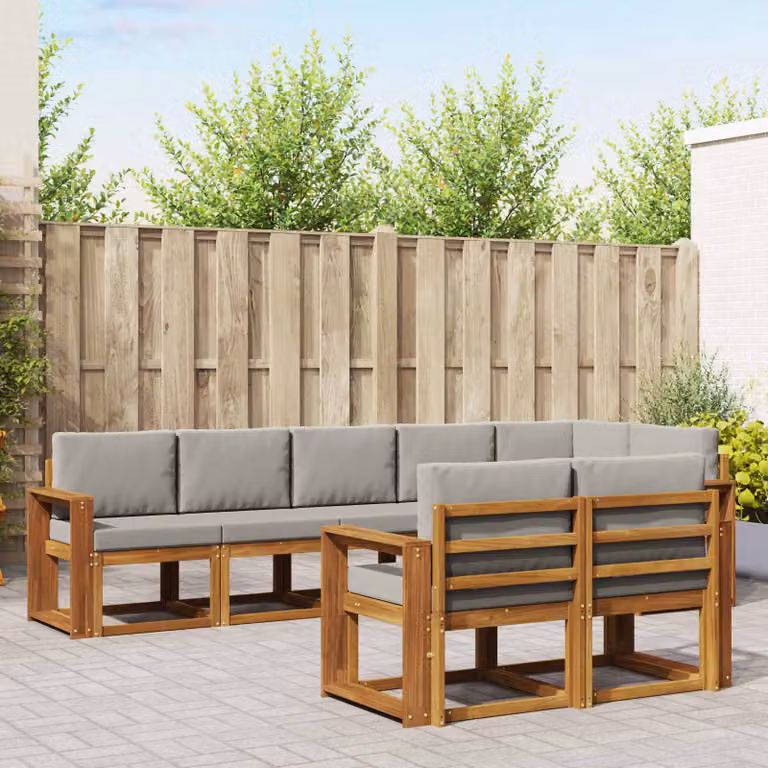 Set di divani da esterno vidaXL a forma di L in legno di acacia con cuscini grigi per giardino e terrazza, 8 pezzi