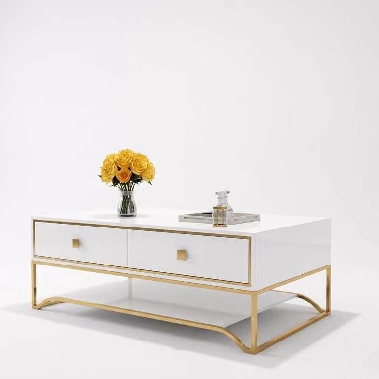 Tavolino da caffè moderno, bianco, in legno con dettagli dorati, dimensioni 130x70x42 cm, con 2 cassetti