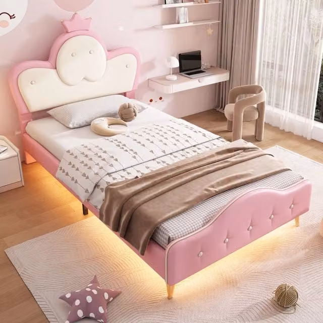 Letto Singolo per Bambini OKWISH con LED e Testiera a Corona Imbottita, Rosa e Bianco, L/P/H: 200 x 90 x 101 cm