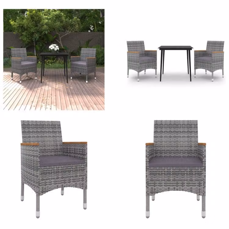 vidaXL Set da pranzo da giardino 3 pezzi con cuscini in polirattan e vetro - Set da pranzo da giardino - Set da pranzo da giardino - Set da pranzo da esterno - Tavolo e sedie da giardino