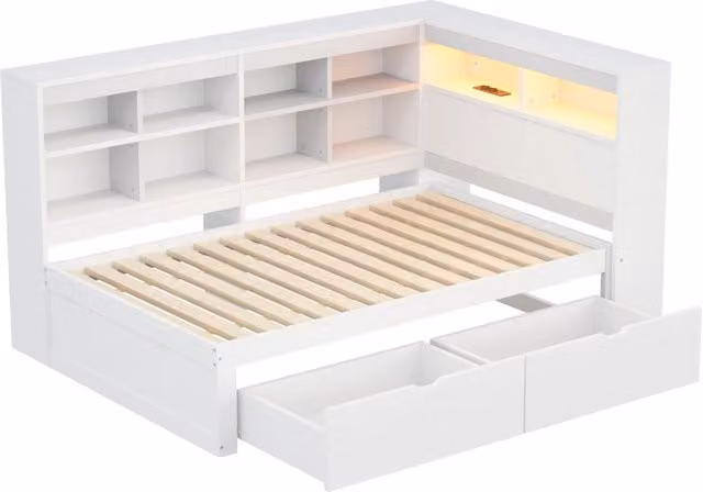 Letto singolo multifunzionale in legno massello 90x200 cm con LED, USB e ampi vani portaoggetti, colore bianco
