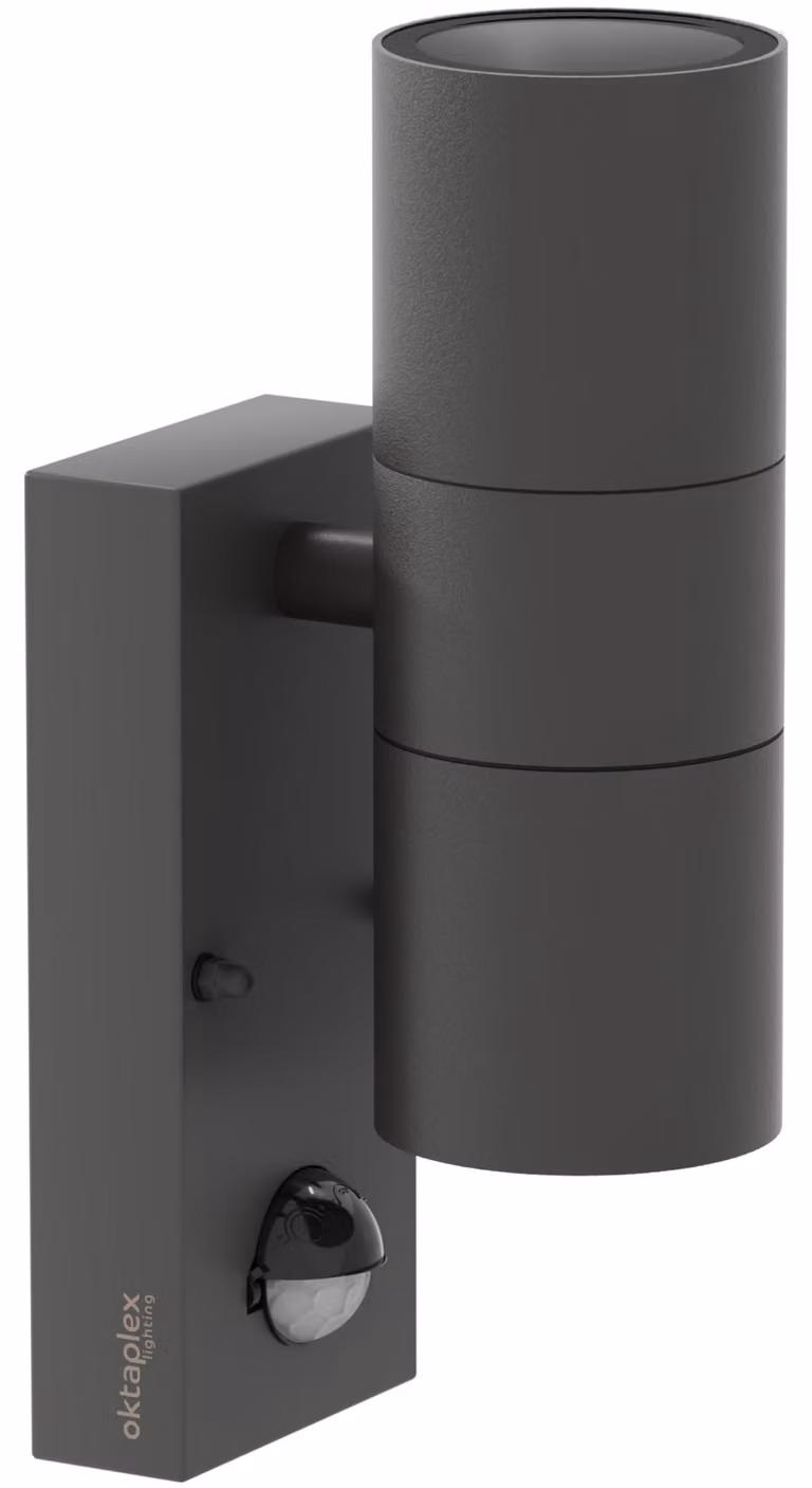 Lampada da parete con sensore di movimento, colore antracite, acciaio inossidabile, 2 attacchi GU10, grado di protezione IP44