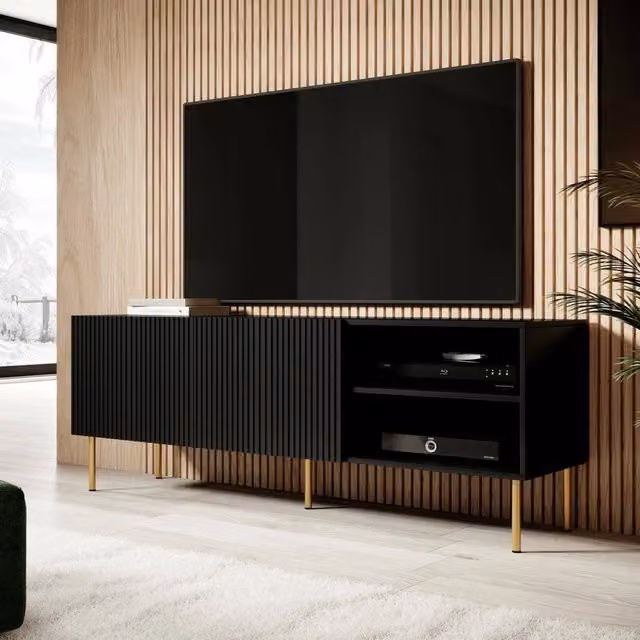 Mobile porta TV Magnano DMORA, Madia da salotto moderna in MDF con quattro ante battenti e chiusura soft-close, Nero, L 150 cm x P 42 cm x H 52 cm – 1