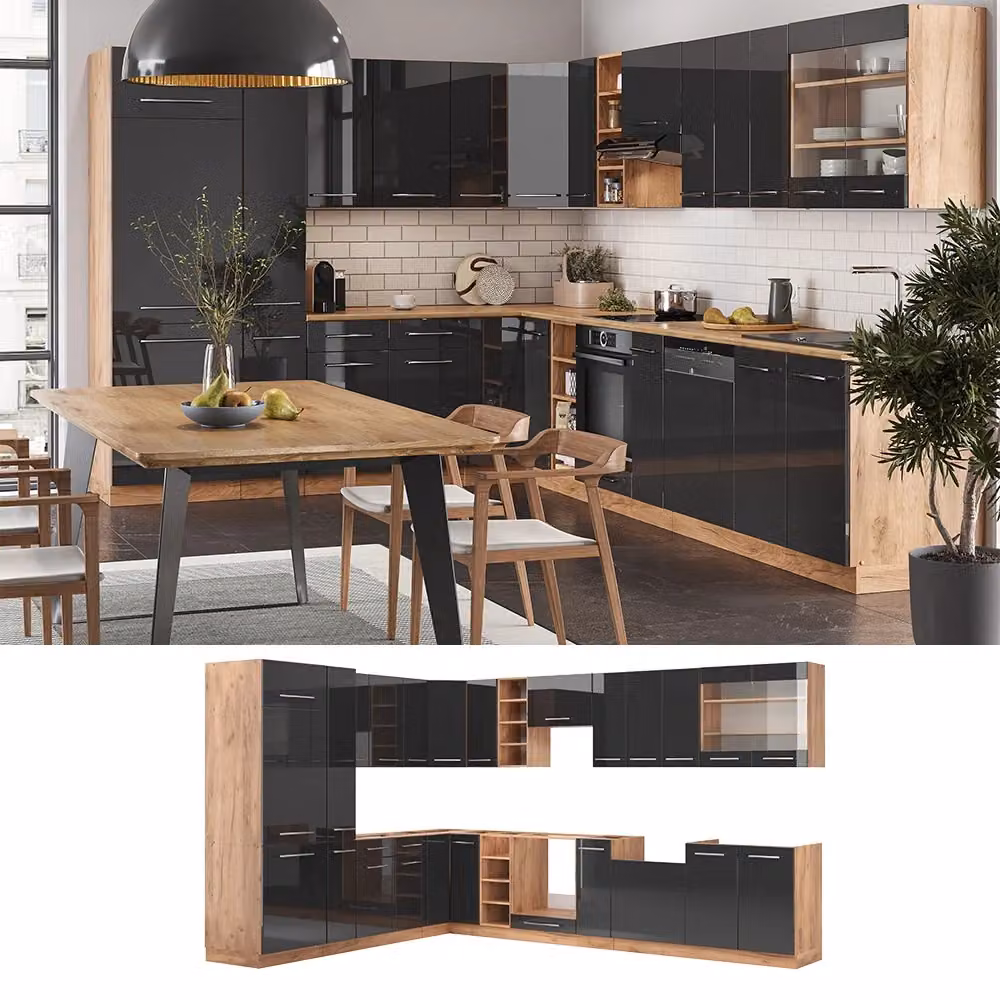 Cucina angolare moderna Vicco Fame-Line Antracite lucido e Rovere dorato 347 x 257 cm – 2