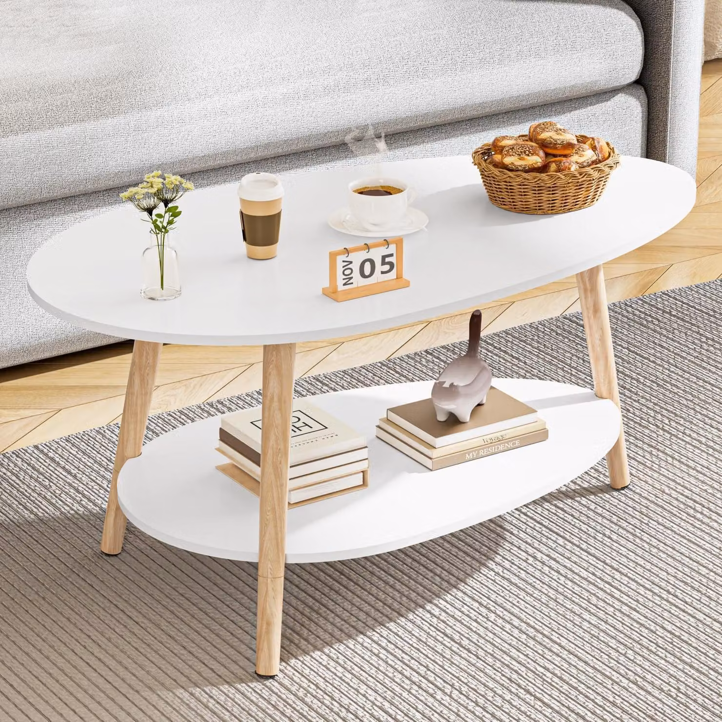 Tavolino ovale bianco, tavolino ausiliario per il soggiorno, design a due livelli