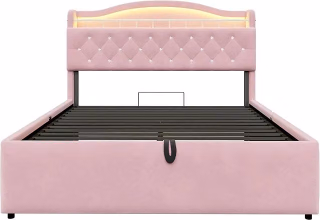 Letto contenitore matrimoniale in velluto rosa con porta USB, luci di lettura integrate e vani testiera, L/P/H: 140 x 200 x 221 cm