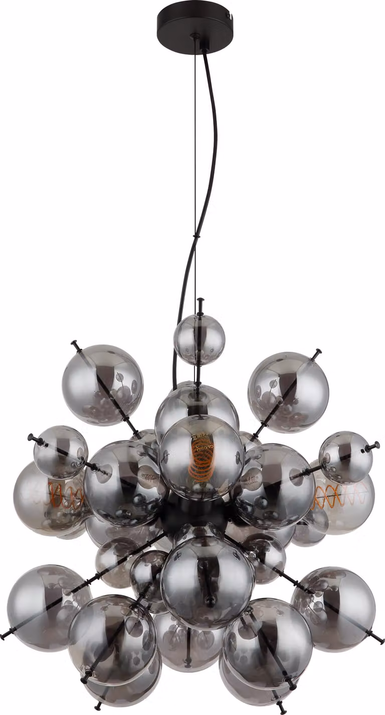 Lampada a sospensione Globo, struttura in metallo nero opaco, diffusori in vetro color fumo, cavo in PVC nero, altezza regolabile, diametro: 515 mm, altezza: 1200 mm, diametro diffusori in vetro: 16 x 6 cm, 16 x 10 cm, esclusa lampadina: 4 x E27 40W 230V