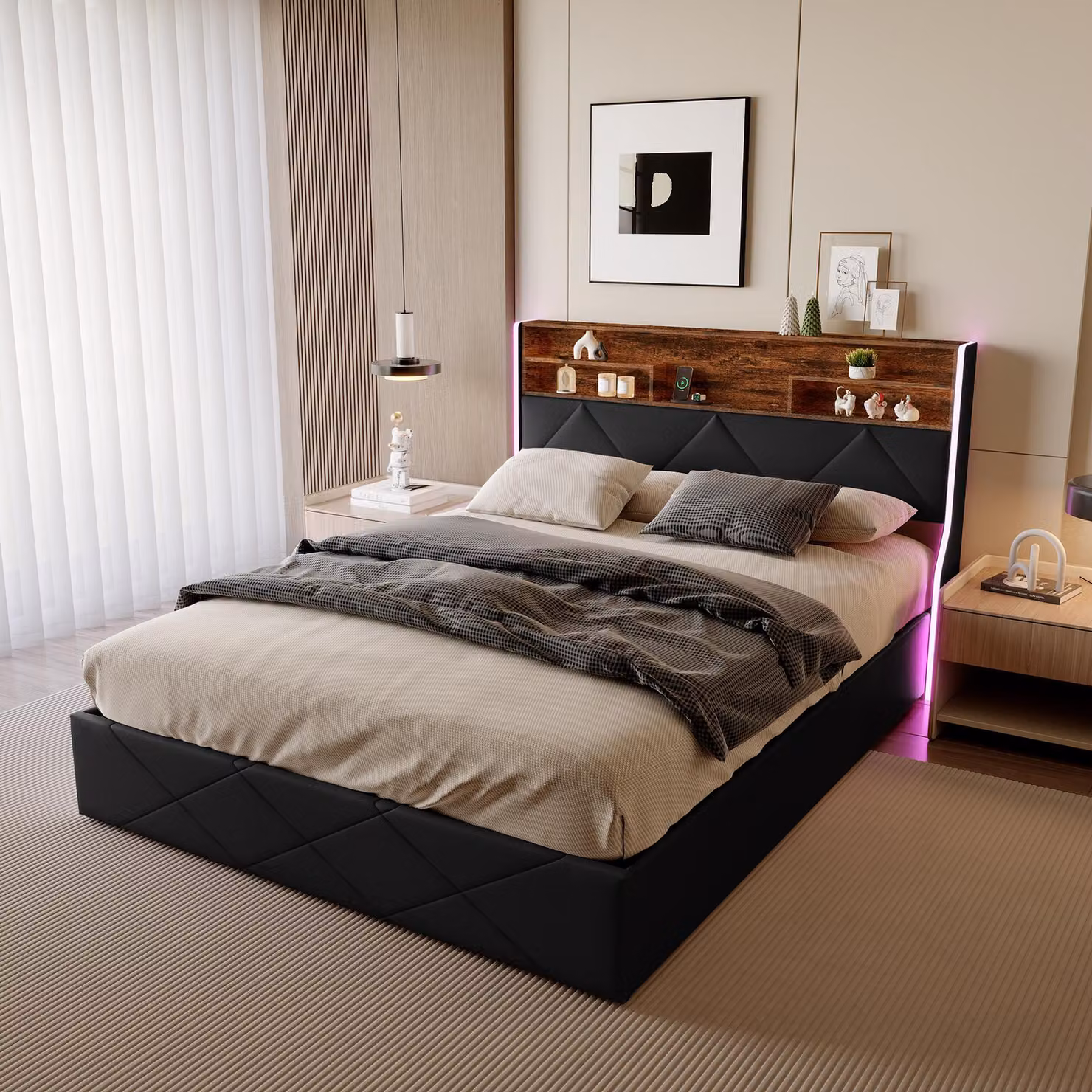 Letto box 140x200 cm in Pelle finta nera e rovere chiaro, testata con vano contenitore, prese USB e strisce LED