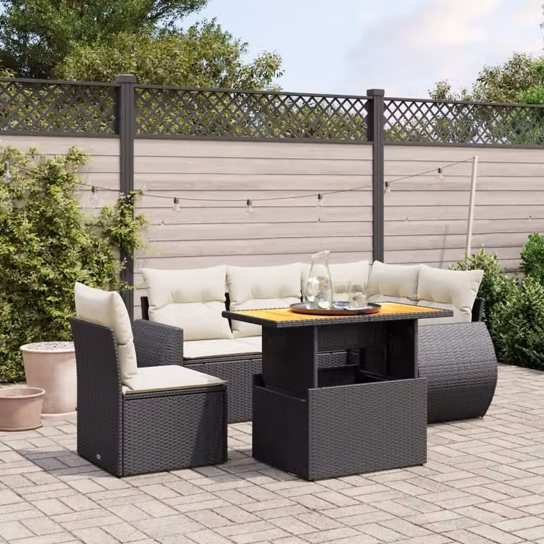 Set Divano da Giardino vidaXL 6 pz a Forma a L in Polyrattan Nero con Cuscini e Tavolino
